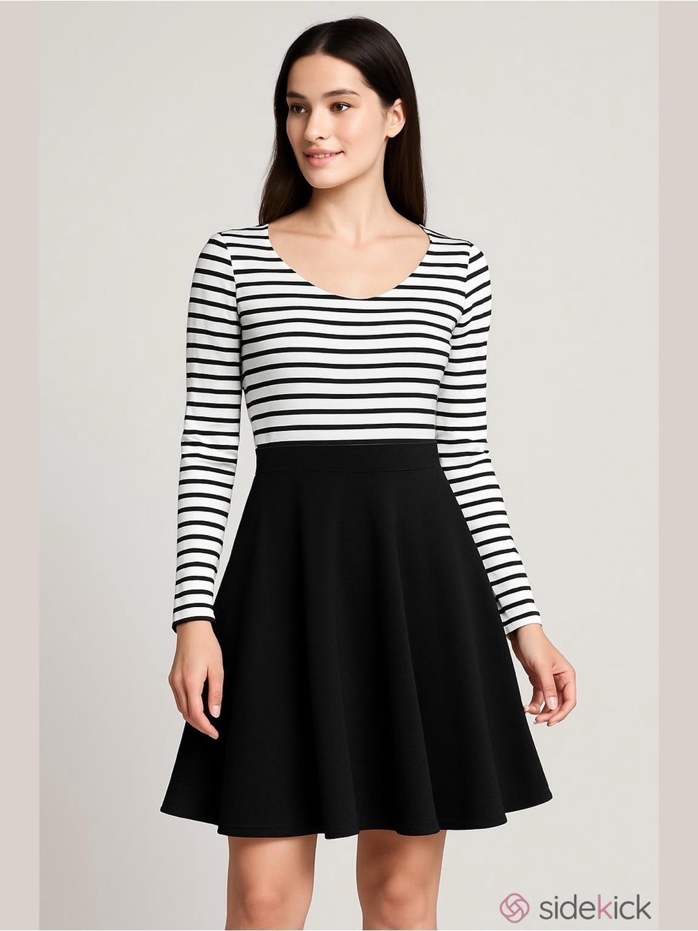 GUESS Black and White Striped Long Sleeve Fit and Flare Dress - Picture 4 of 14